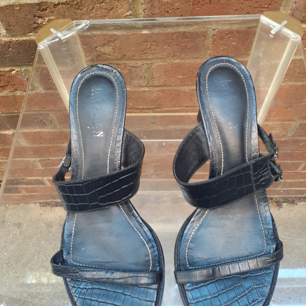 Ralph Lauren Galen Black Croc Strappy Sandles